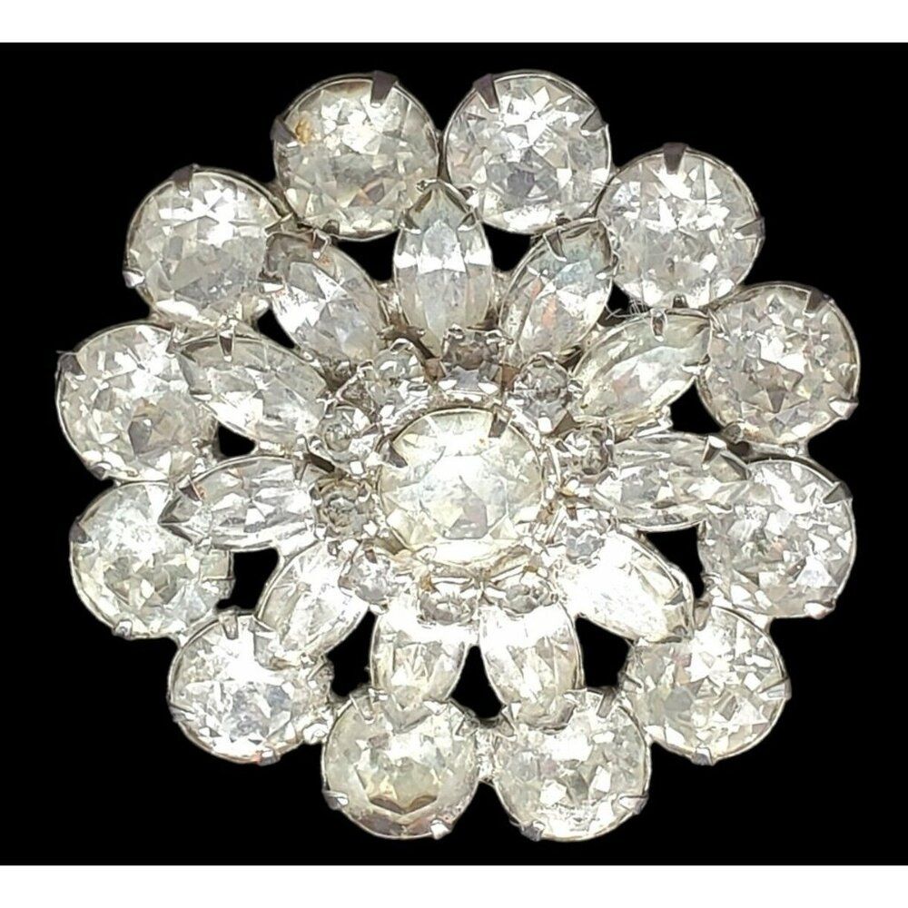 VTG WEISS Brooch Pin Clear Rhinestone Domed Layers Round Marquise Silver Tone